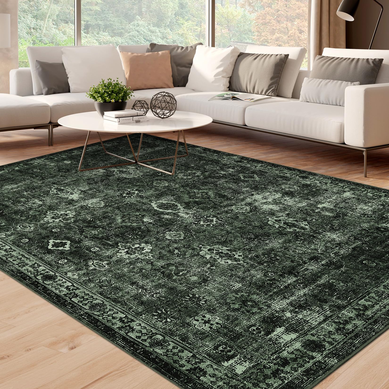 Garvee Washable 9x12 Area Rugs Dark Green Vintage Floral Non-Slip Foldable Carpet for Living Room Bedroom Dining Room Office