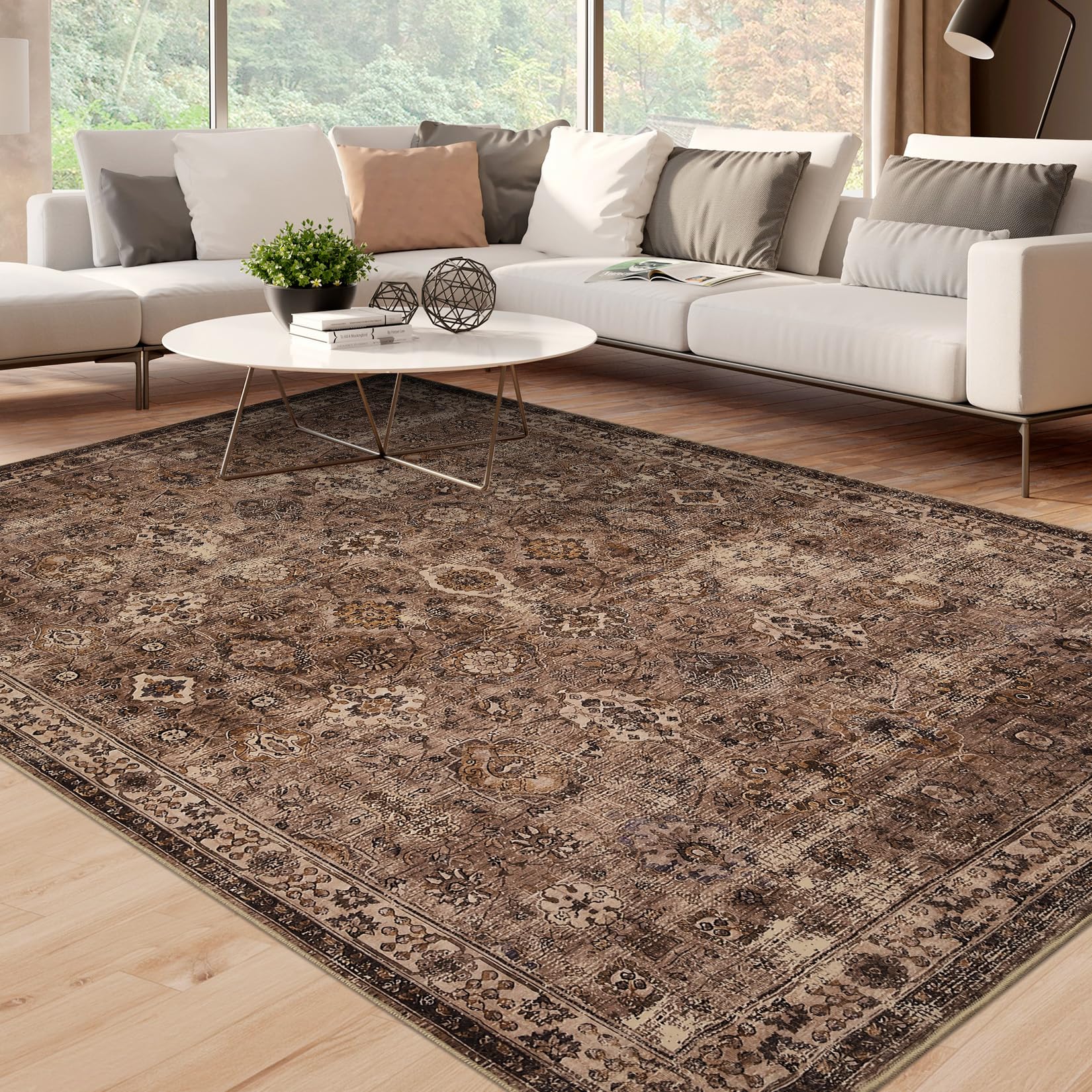 Garvee Washable 9x12 Area Rugs Vintage Floral Reddish Brown Non-Slip Foldable Carpet for Living Room Bedroom Dining Room Office