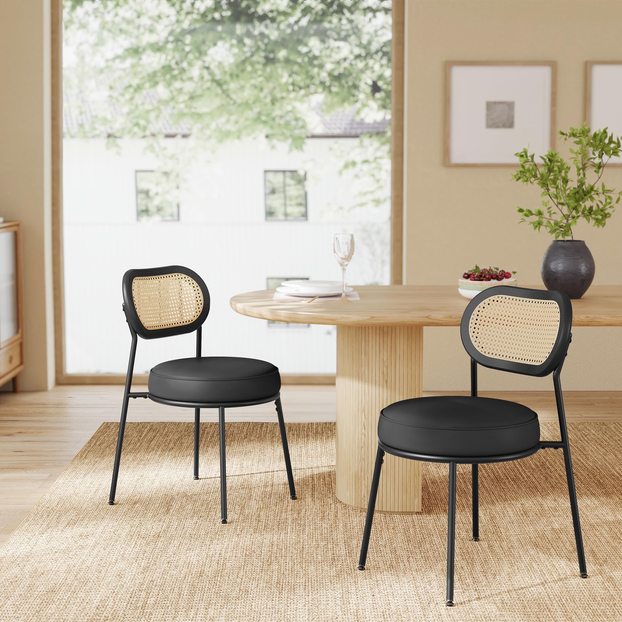 VASAGLE Dining Chairs, Set of 2 Accent Chair for Dining Room Kitchen, with Boho PE Rattan Back, Synthetic Leather Upholstery, Ink Black ULDC160B02 Ink