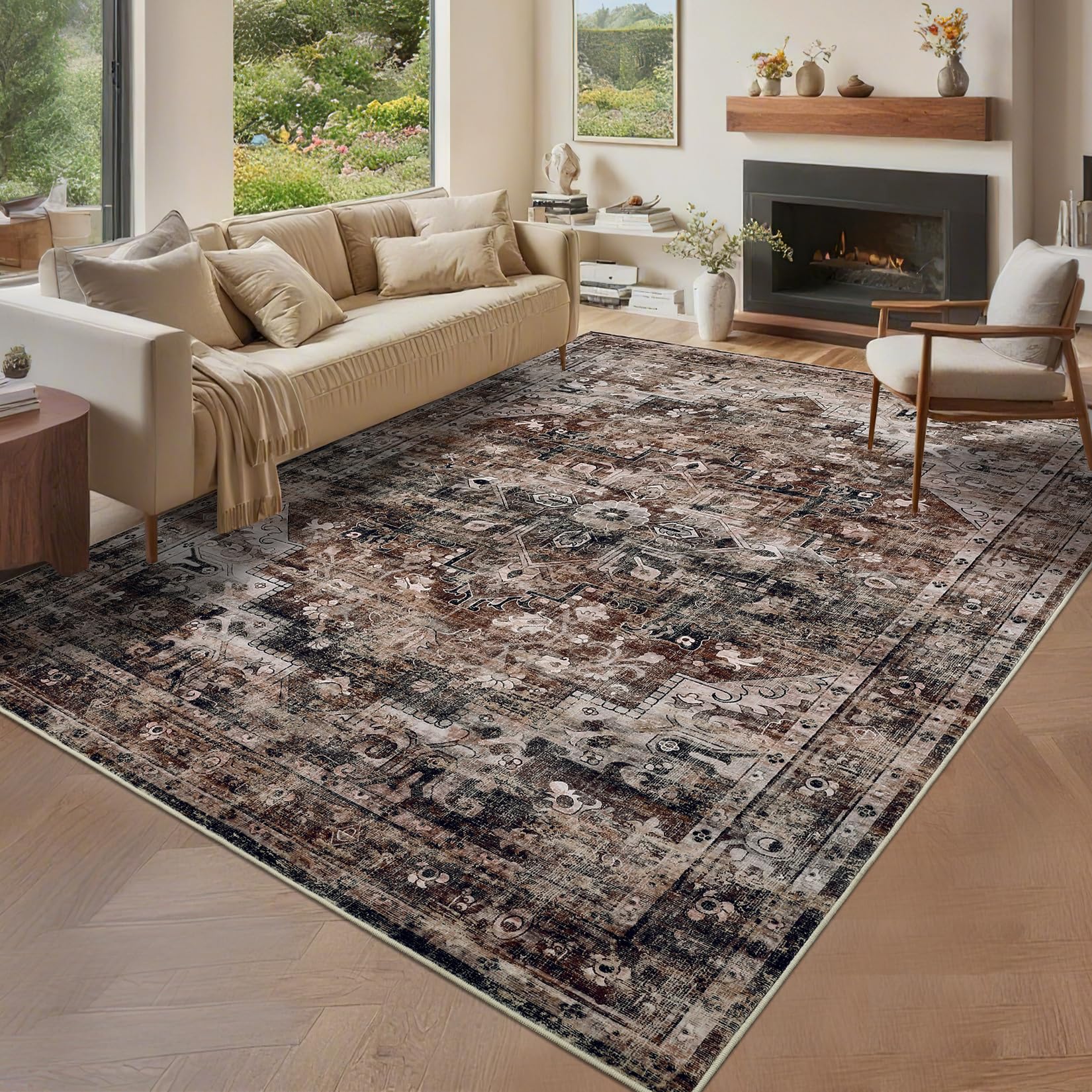 Garvee 9x12 Washable Vintage Living Room Area Rug Non-Slip Brown Low Pile Stain Resistant Carpet