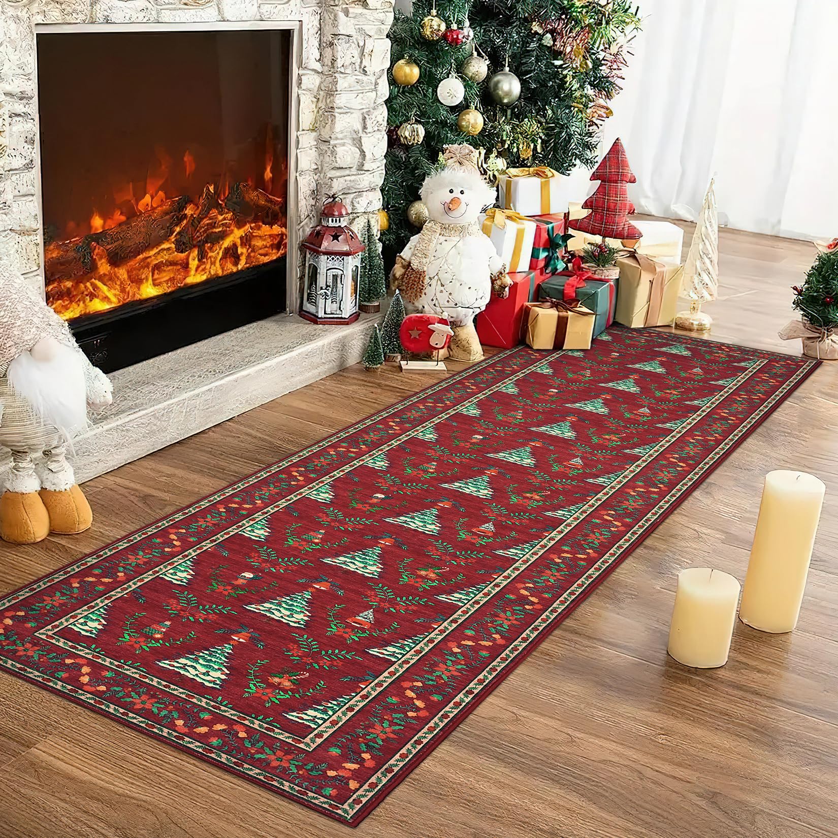 Garvee Red Christmas Tree Printed Floor Mat Indoor Non Slip Machine Washable 2x10ft