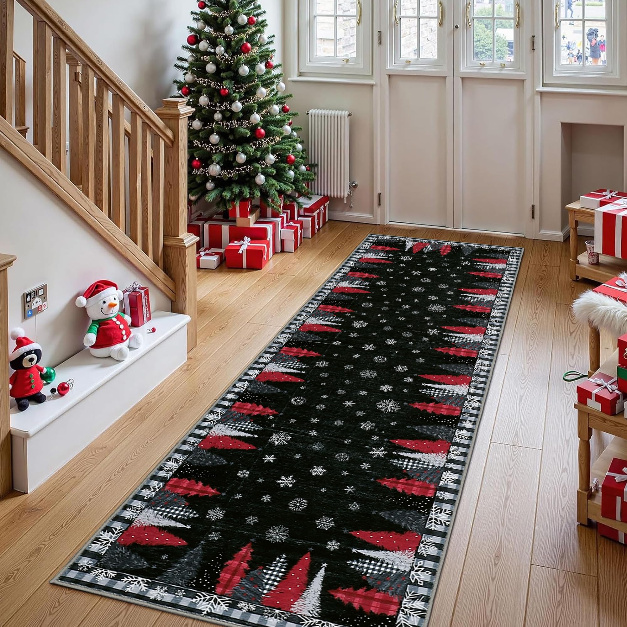 Garvee Christmas Tree Washable Area Rug 2x10 Black Non Slip Carpet for Living Room and Hallway