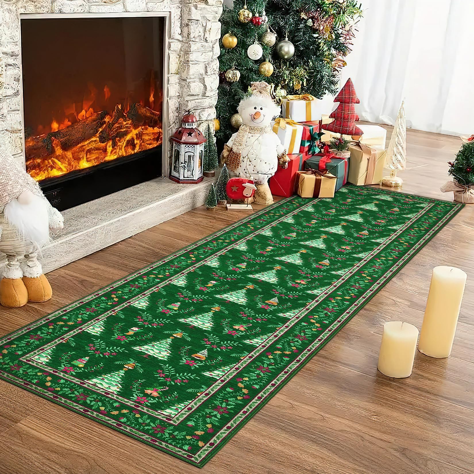 Garvee Christmas Tree Printed Floor Mat Green Indoor Machine Washable Soft Thin Area Rug 2x10ft