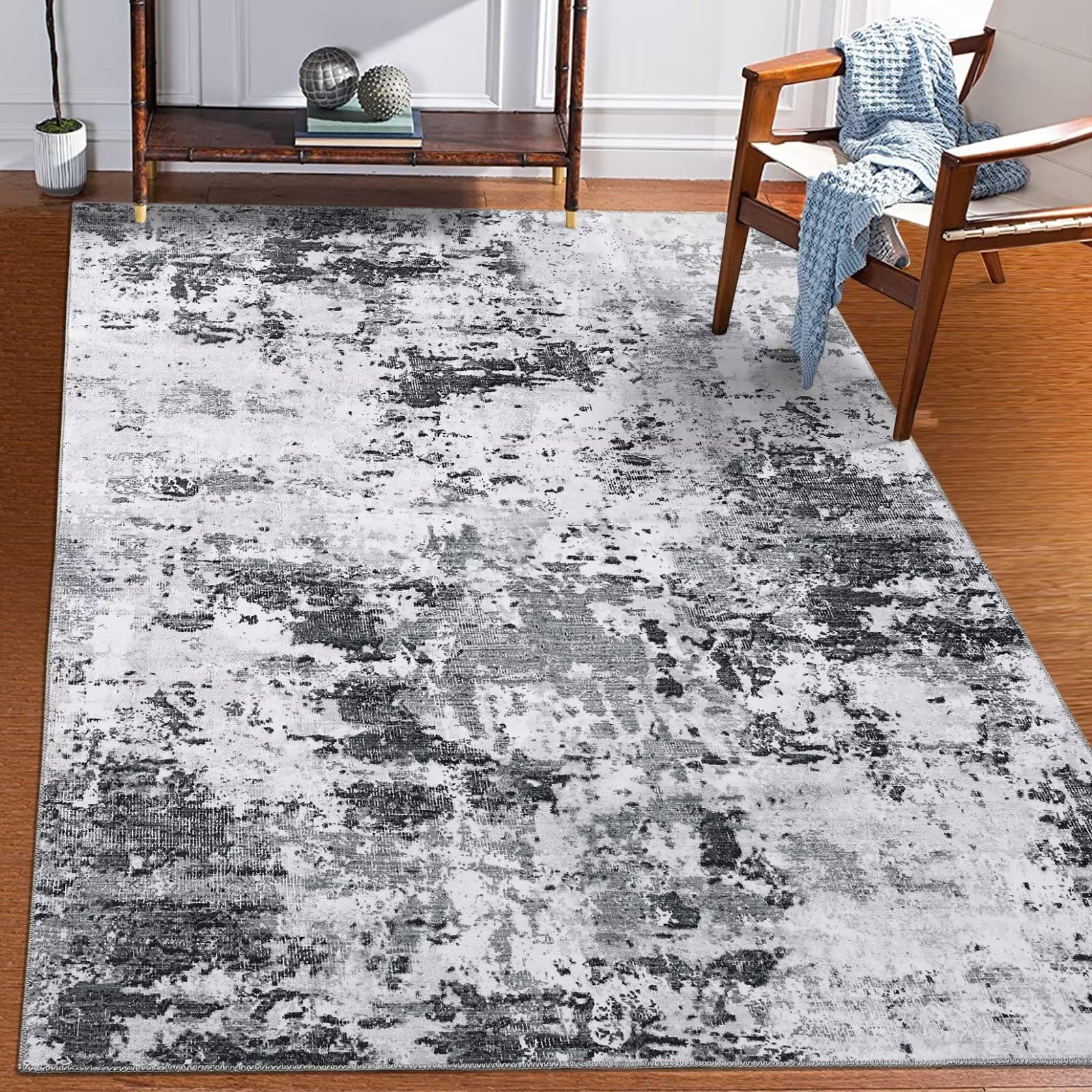 Garvee Abstract Grey 5x7 Machine Washable Modern Rugs, Distressed Floor Mat Indoor Soft Floor Cover Low Pile Living Room Rug Non-Shedding Foldable Was