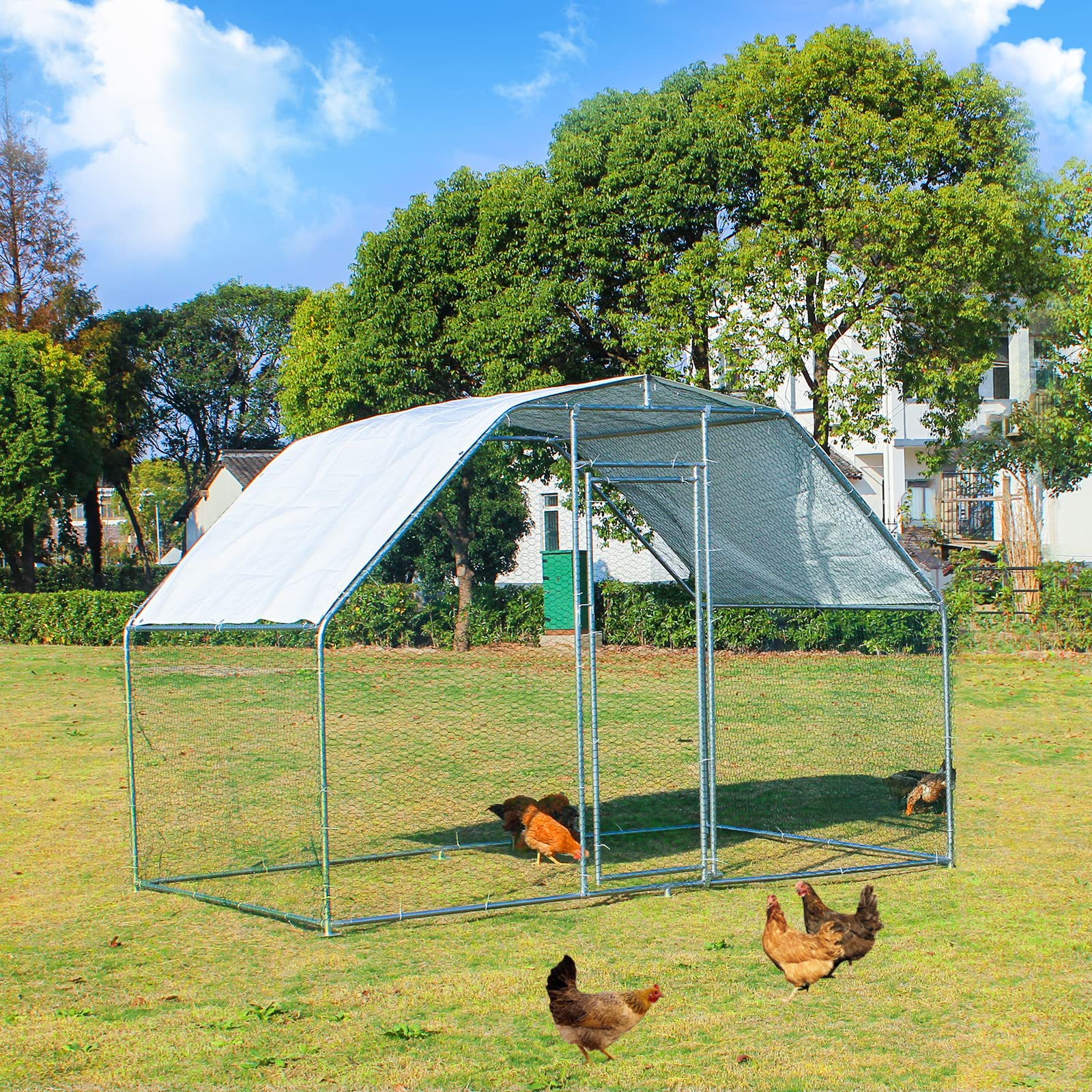 Garvee Large Walk-In Chicken Coop - 9.5'x6.5'x6' Galvanized Metal Poultry Cage w-Waterproof UV Cover for Hens, Ducks, Rabbits