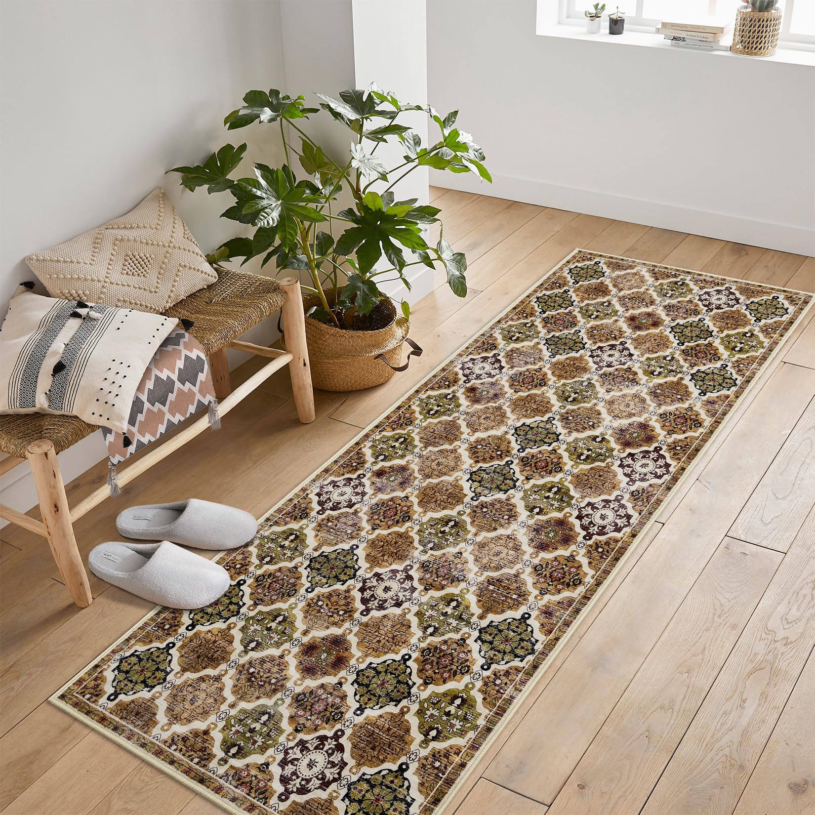 Garvee Boho Floral Checkerboard Washable Area Rug, Non-Slip Accent Carpet for Bedroom Living Room Kitchen, 2x6Ft Brown