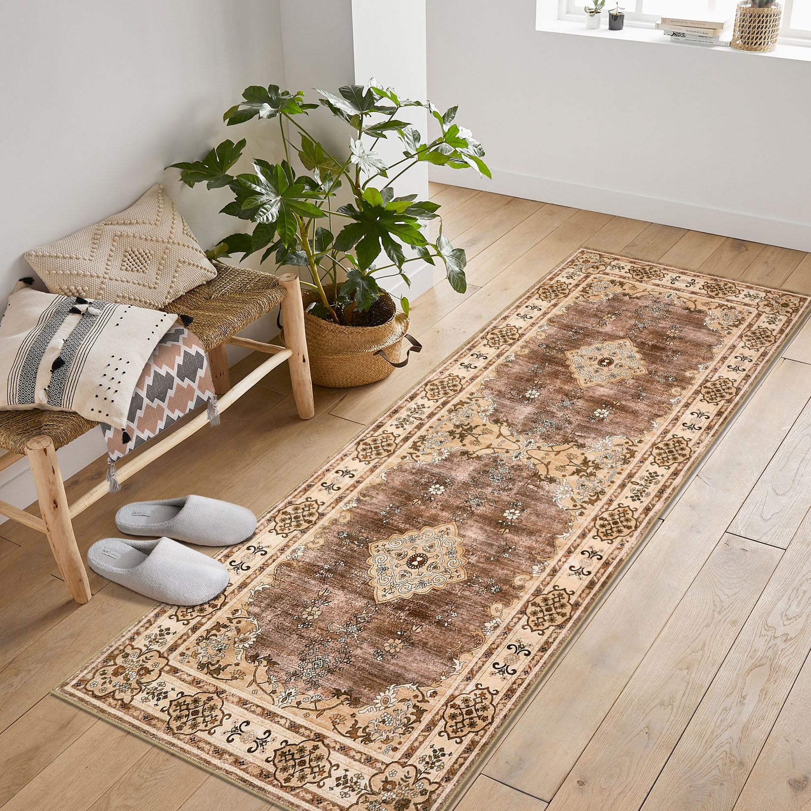 Garvee Washable Runner Rug 2x6 Brown Non Slip Boho Vintage Distressed Oriental Floor Carpet for Hallways Kitchen Bedroom Entryway Living Room Bathroom