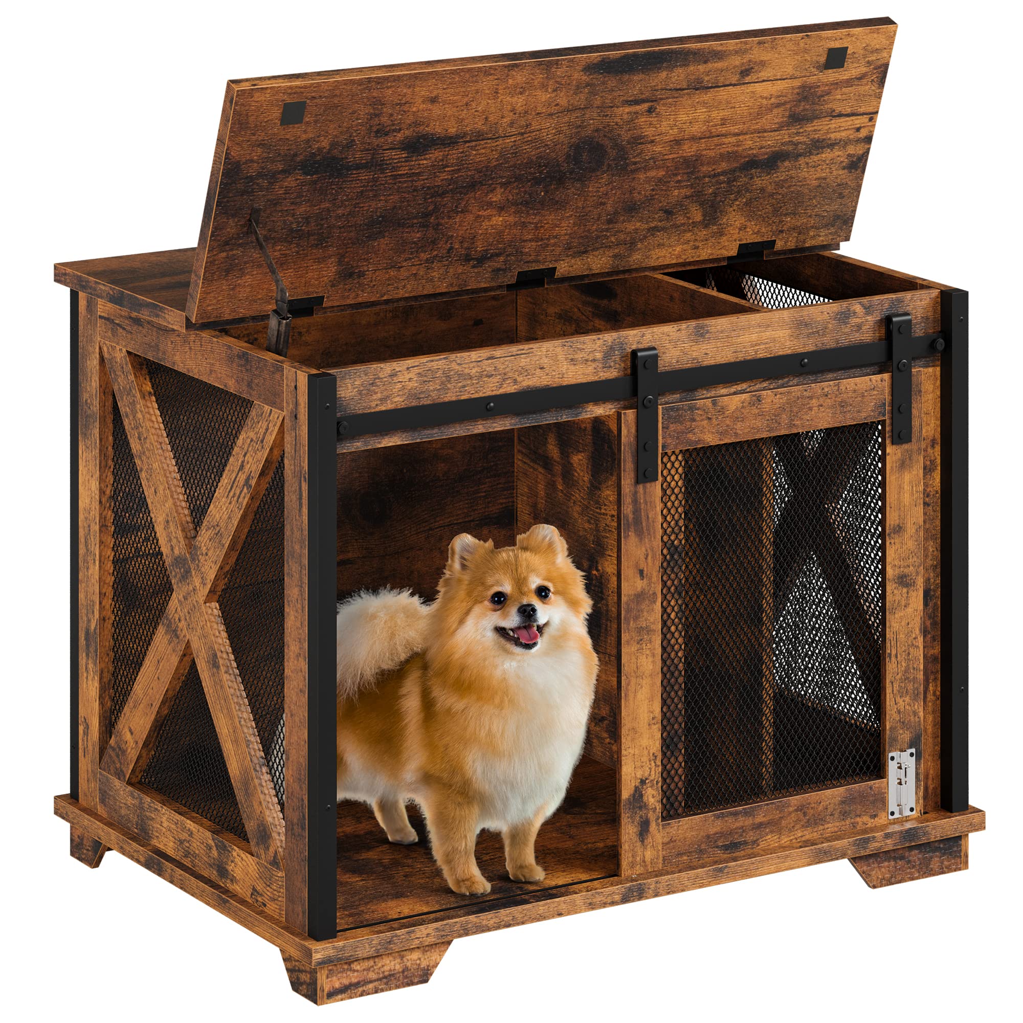 Garvee 37'' Dog Crate Furniture Side End Table with Flip Top and Movable Divider, Wooden Dog Crate Table Large, Style Dog Kennel Side End Table - Rust