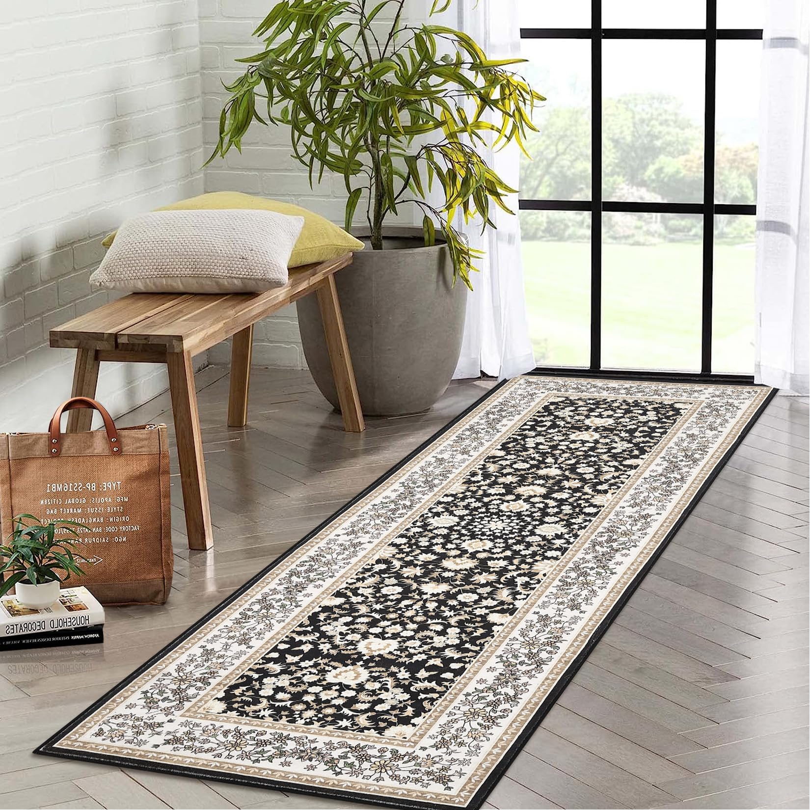 Garvee Washable Runner Rug 2x6 Vintage Black Non-Slip Kitchen Hallway Laundry Room Low-Pile Carpet