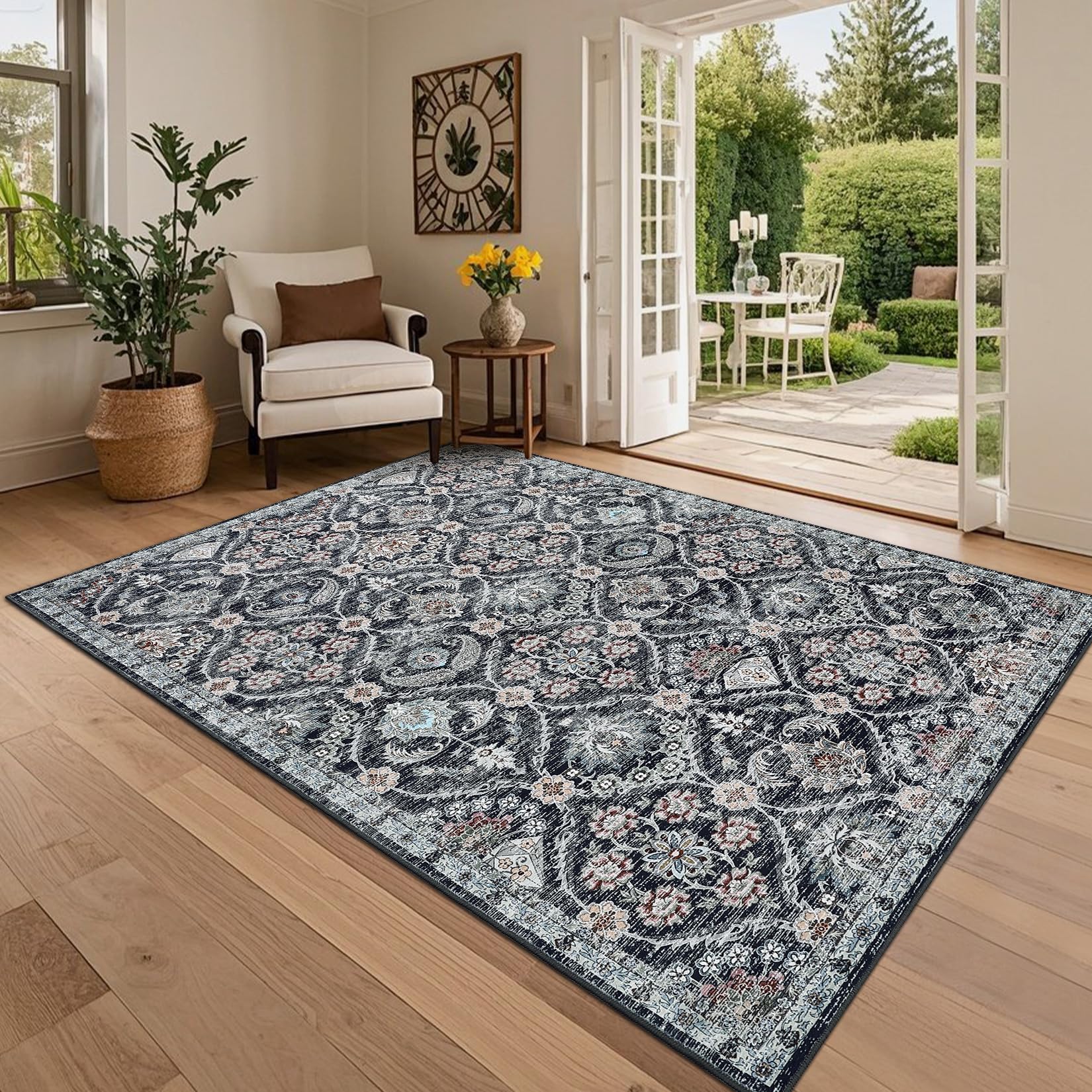 Garvee Washable 9x12 Rugs for Living Room Large Boho Rug Low Pile Soft Bedroom Throw Mats Retro Trellis Navy Ultra Thin Non-Slip Carpet
