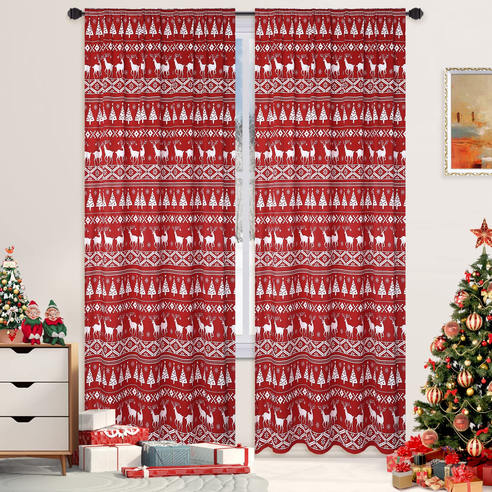 Garvee Christmas Curtains 84 Inches Long, Boho Design Room Darkening Drapes Christmas Tree and Deer Pattern Soft Privacy Window Curtain Panels for Bed