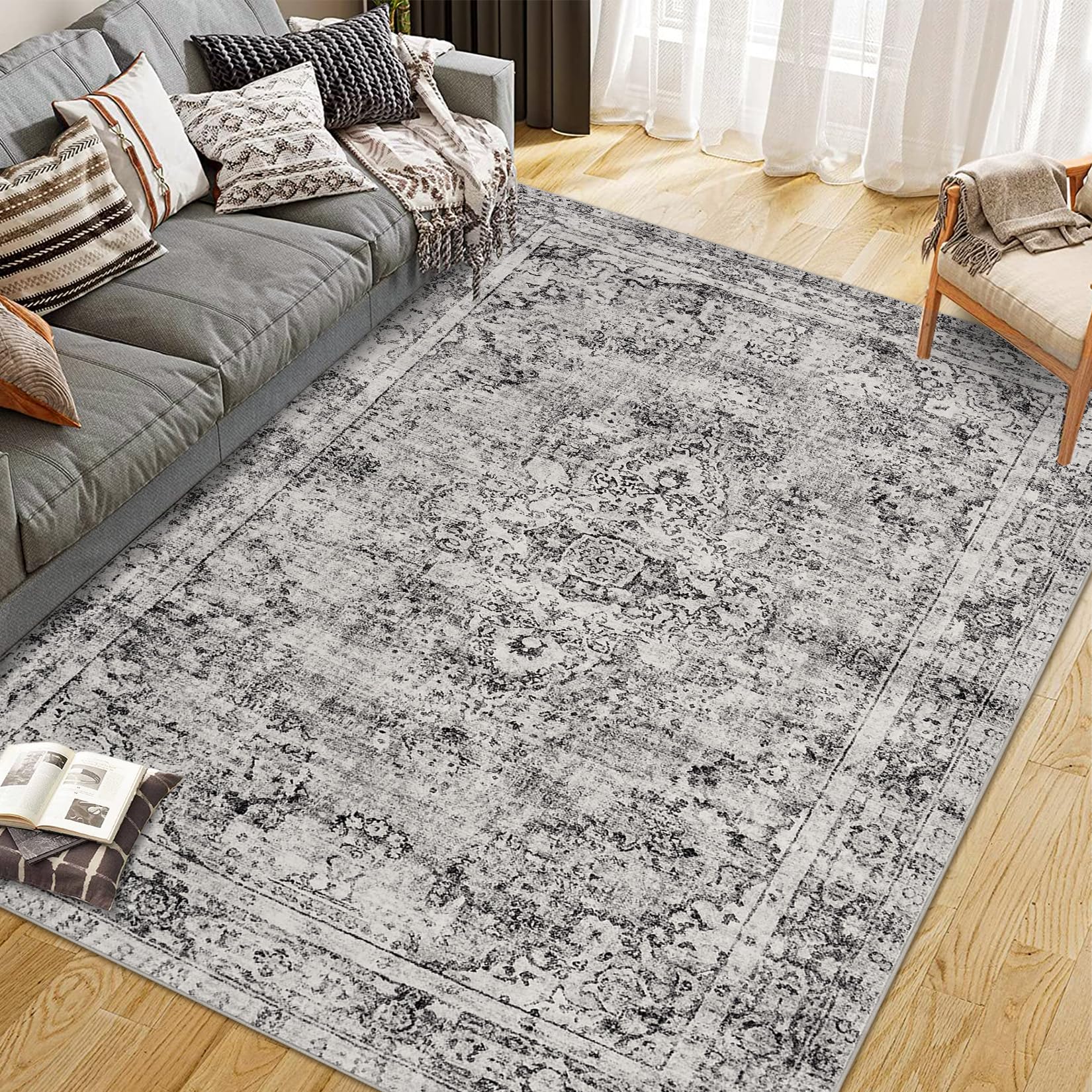 Garvee Washed Back Low Pile Area Rug 5x7ft Grey - Washable Non Slip Carpet for Living Room Bedroom Kitchen Dining Room