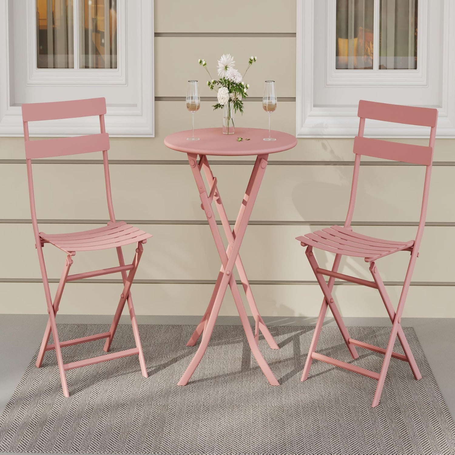 Garvee 3-Piece Folding Patio Bistro Set - Round Table & 2 Chairs, Weather-Resistant, Space-Saving Premium Frame Outdoor Furniture, Pink