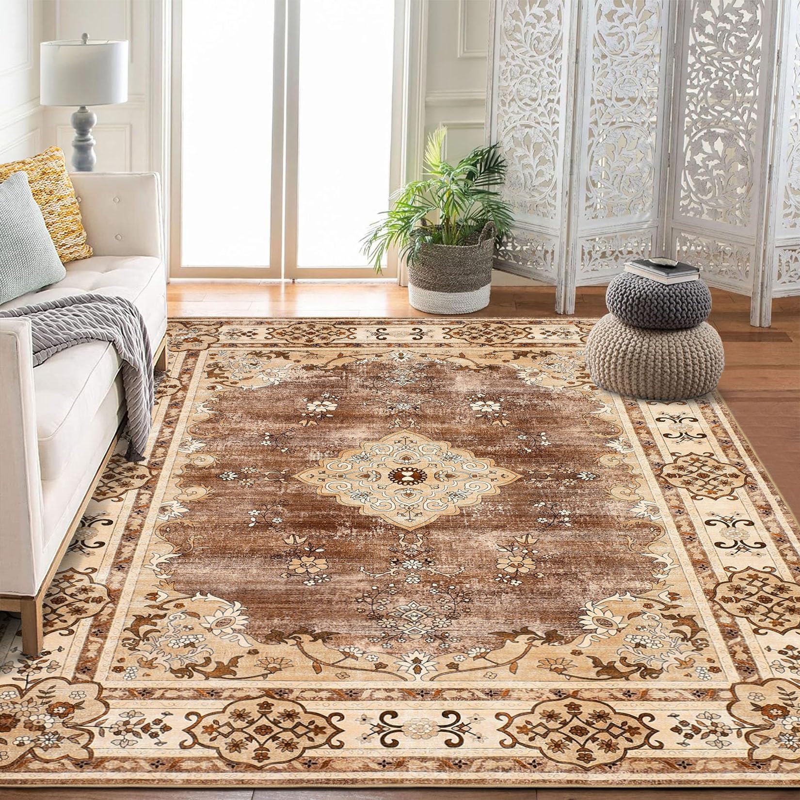 Garvee 10x13 Washable Brown Area Rug Floral Boho Vintage Distressed Carpet Non-Slip for Living Room Bedroom Nursery Office Farmhouse