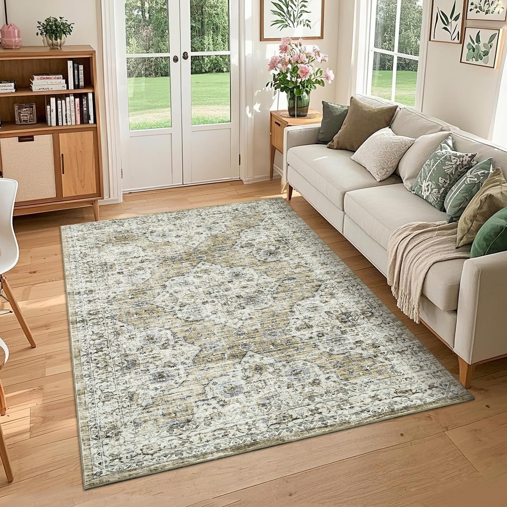 Garvee Extra Large Washable Area Rug 10x13 Vintage Floral Living Room Rug Brown Non Slip Ultra Soft Thin Carpet Foldable Low Pile