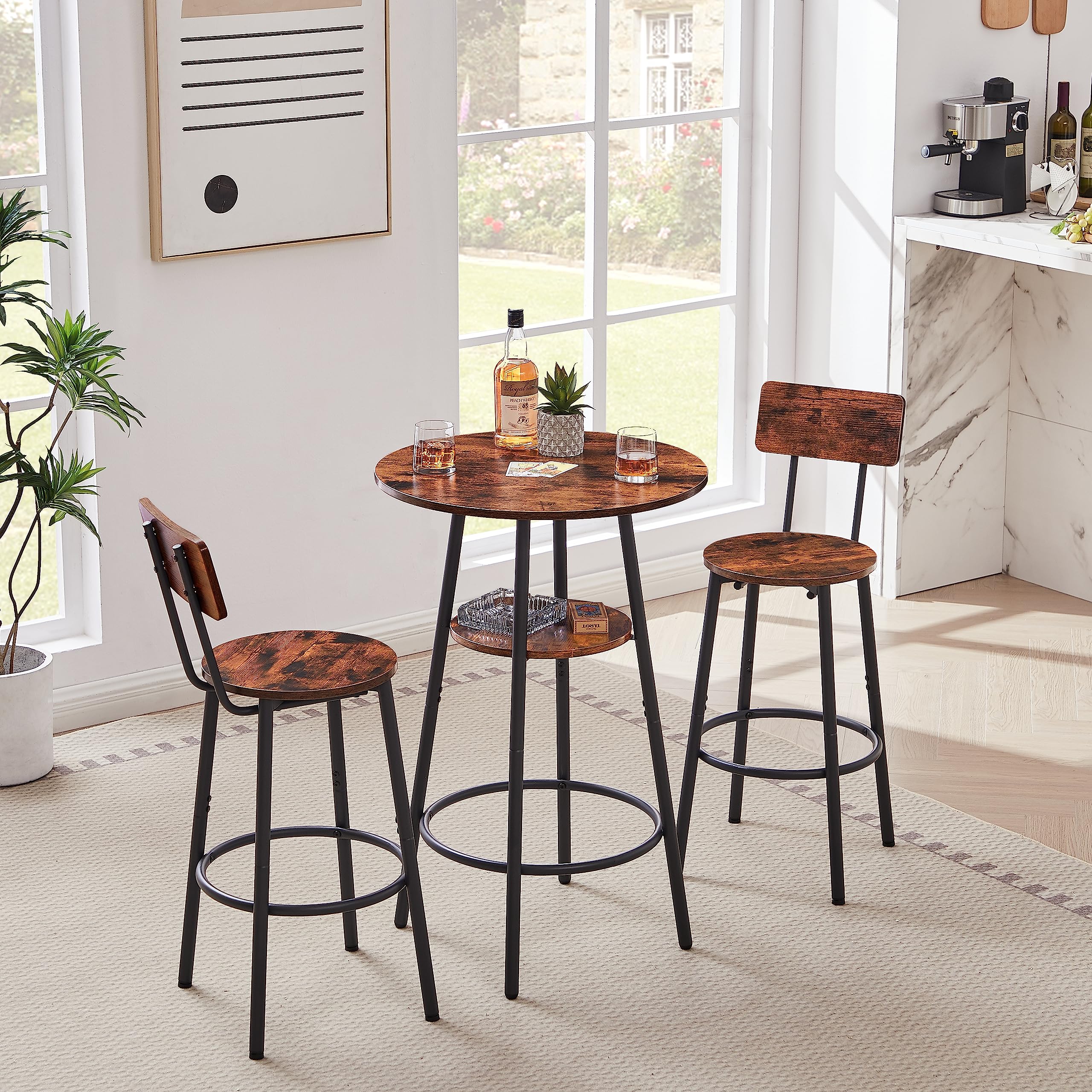 Garvee 3 Piece Pub Dining Furniture Kitchen Counter Height Wood Top Bar Stool Table with Circular Shelf Footrest Backrest Rustic Brown