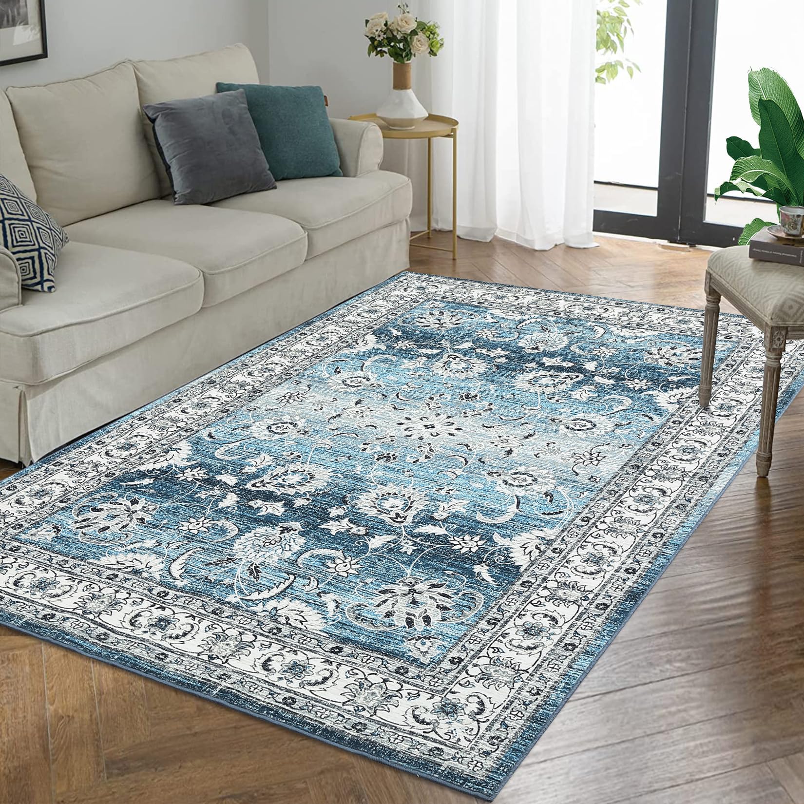 Garvee Vintage Area Rug 8x10 Navy Non-Slip Stain Resistant Washable Large Bedroom Living Room Boho Traditional Accent Carpet