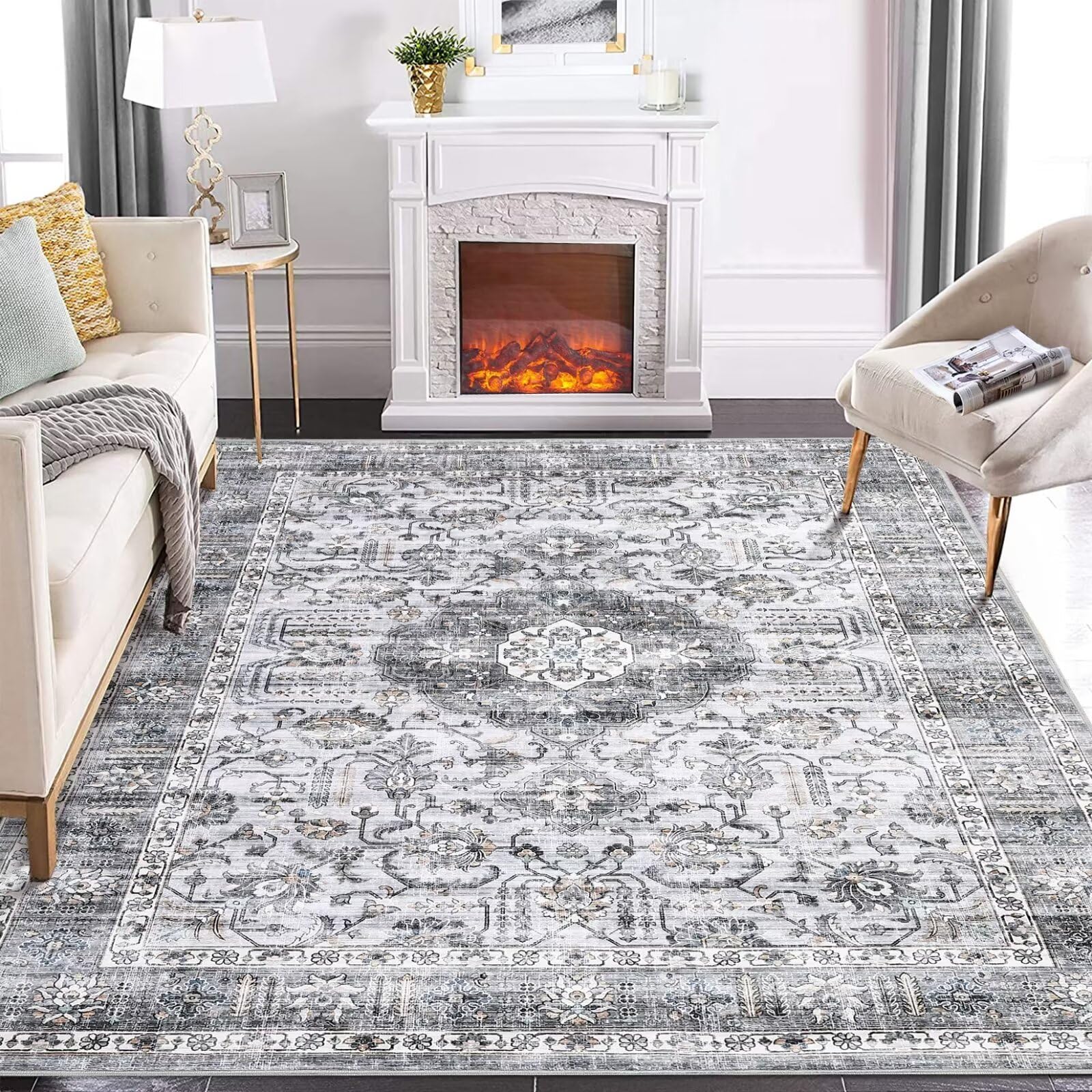 Garvee Rugs for Living Room 5x7 Washable Rug Vintage Floral Area Rug Soft Indoor Floor Mat Medallion Distressed Print Rug Non Slip Non Shedding Throw 