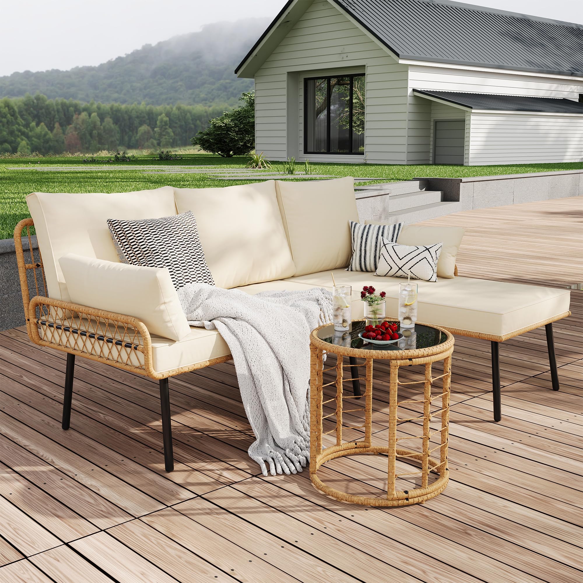 Garvee 3-Piece All-Weather Wicker Patio Furniture Set, Outdoor Sectional L-Shaped Sofa With Washable Cushions and Tempered Glass Coffee Table for Deck