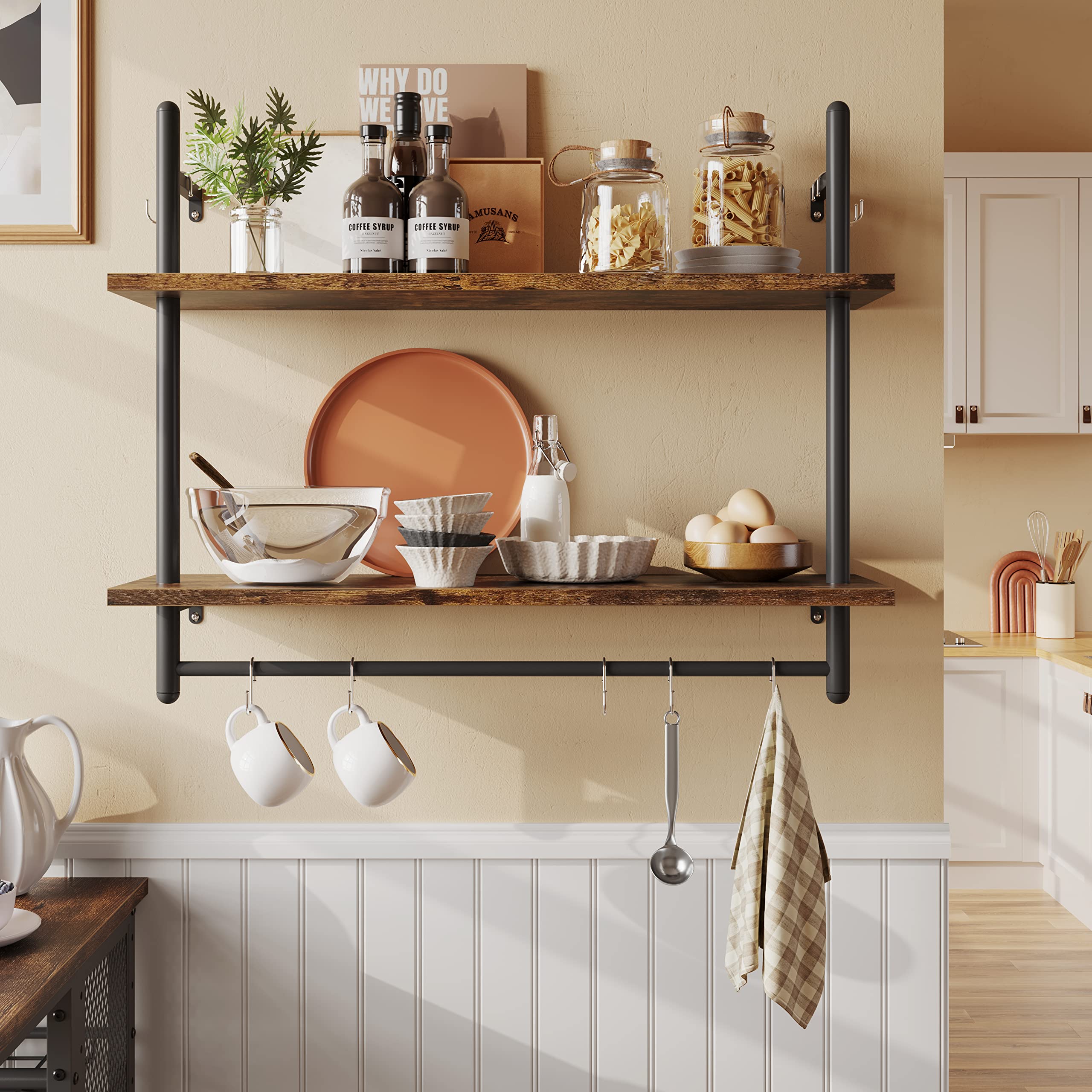 Bestier Pipe Shelf Industrial Floating Shelving 31" Kitchen Wall-Mounted Shelf with Towel Bar Hooks Coffee Bar Shelves Wine Hanging Display Rack Books
