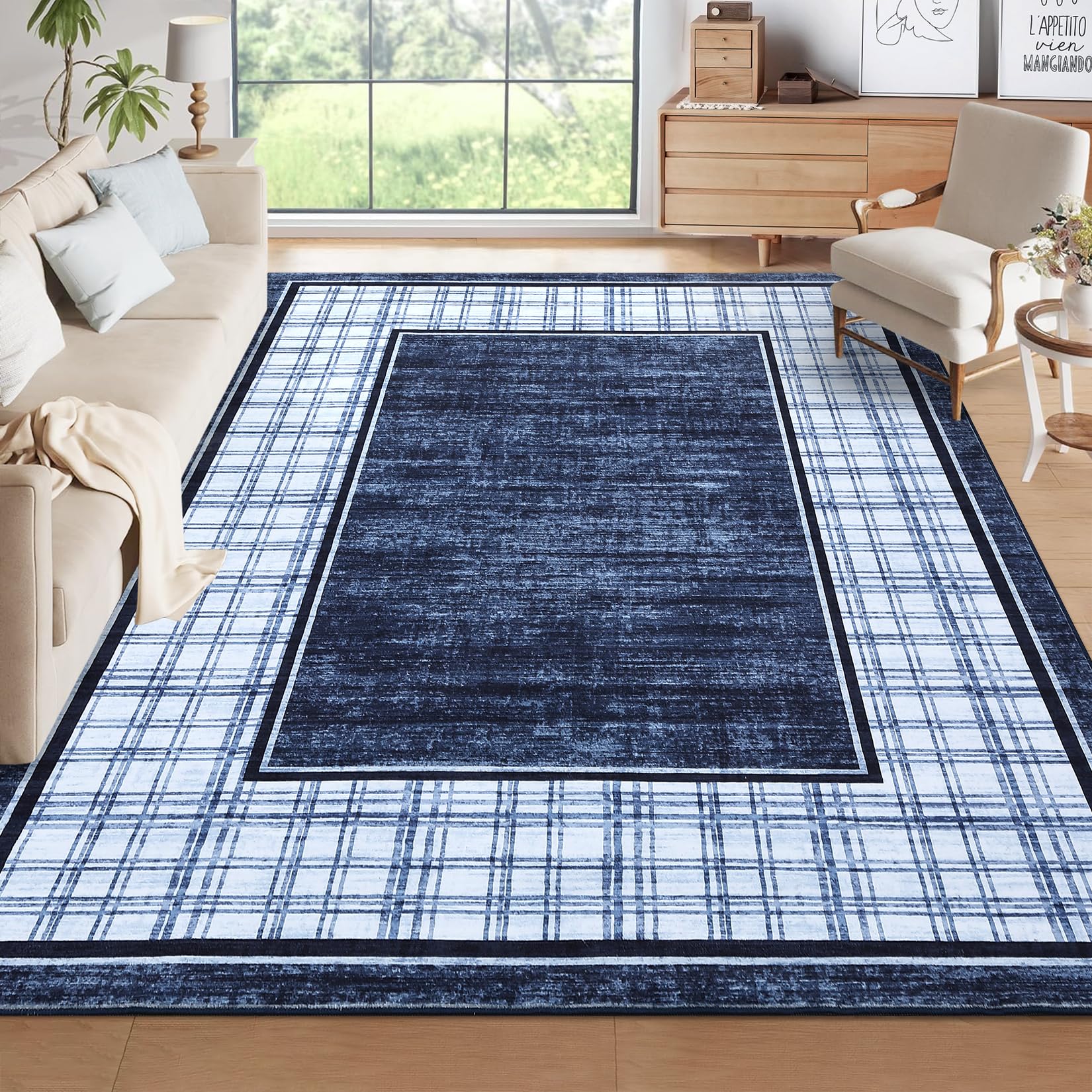 Garvee Living Room Rug 10x13, Machine Washable Large Carpet, Non Slip Low Pile Throw Rug, Ultra Soft Indoor Floor Carpet, Navy