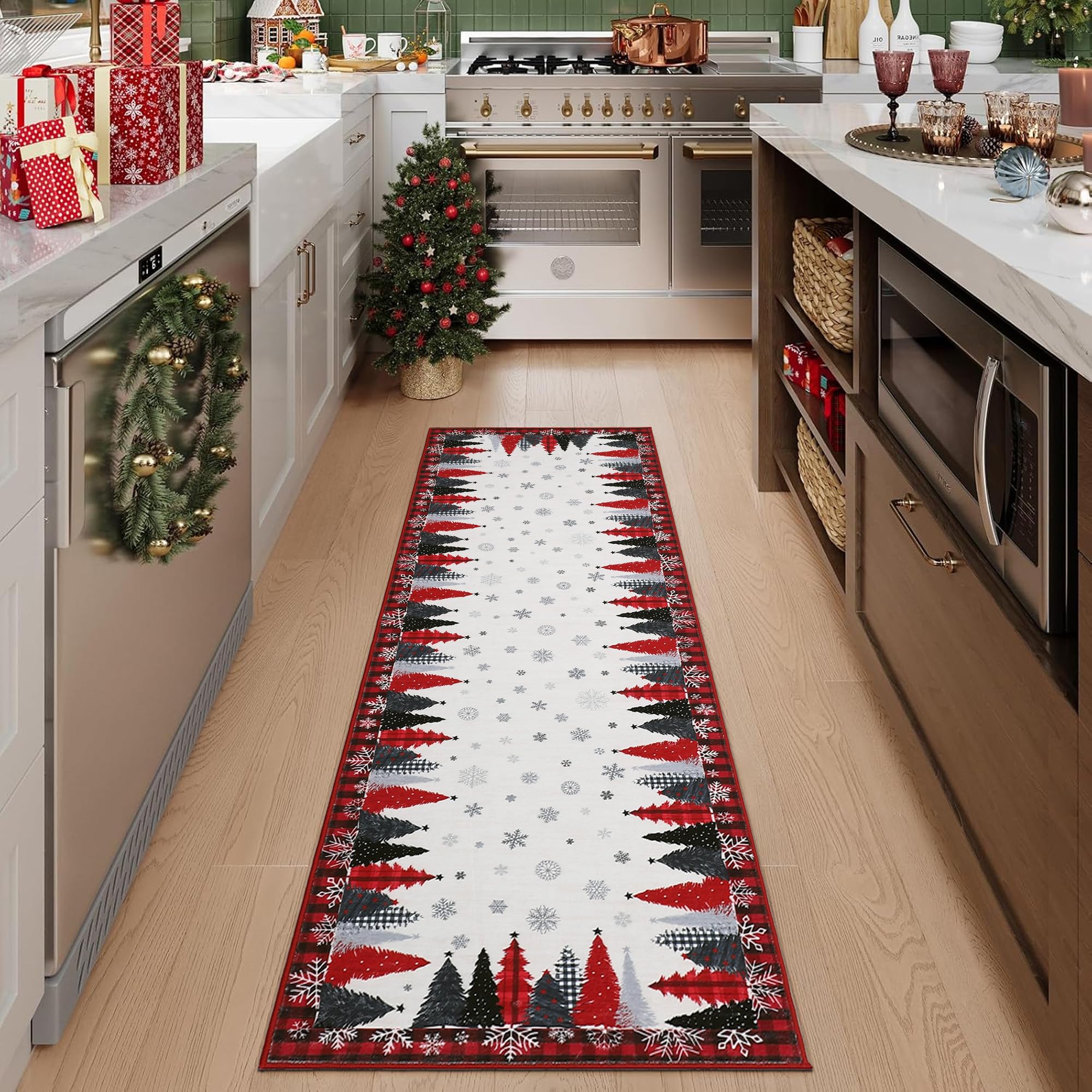 Garvee Christmas Tree Washable Kitchen Area Rug 2x10 Red Non Slip Carpet for Hallway and Bedroom Decoration