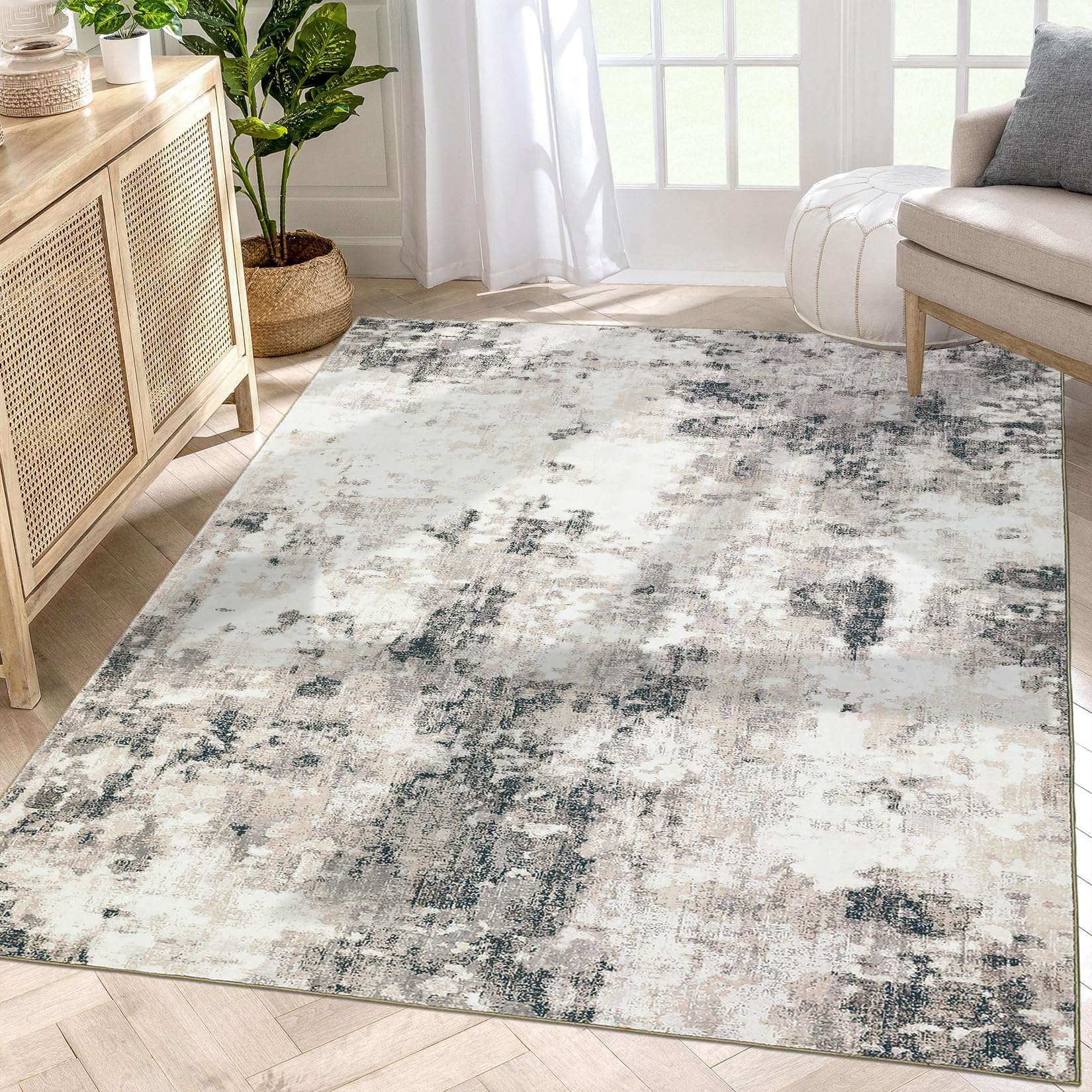 Garvee 5x7 Washable Living Room Rug Modern Abstract Low Pile Soft Taupe Carpet