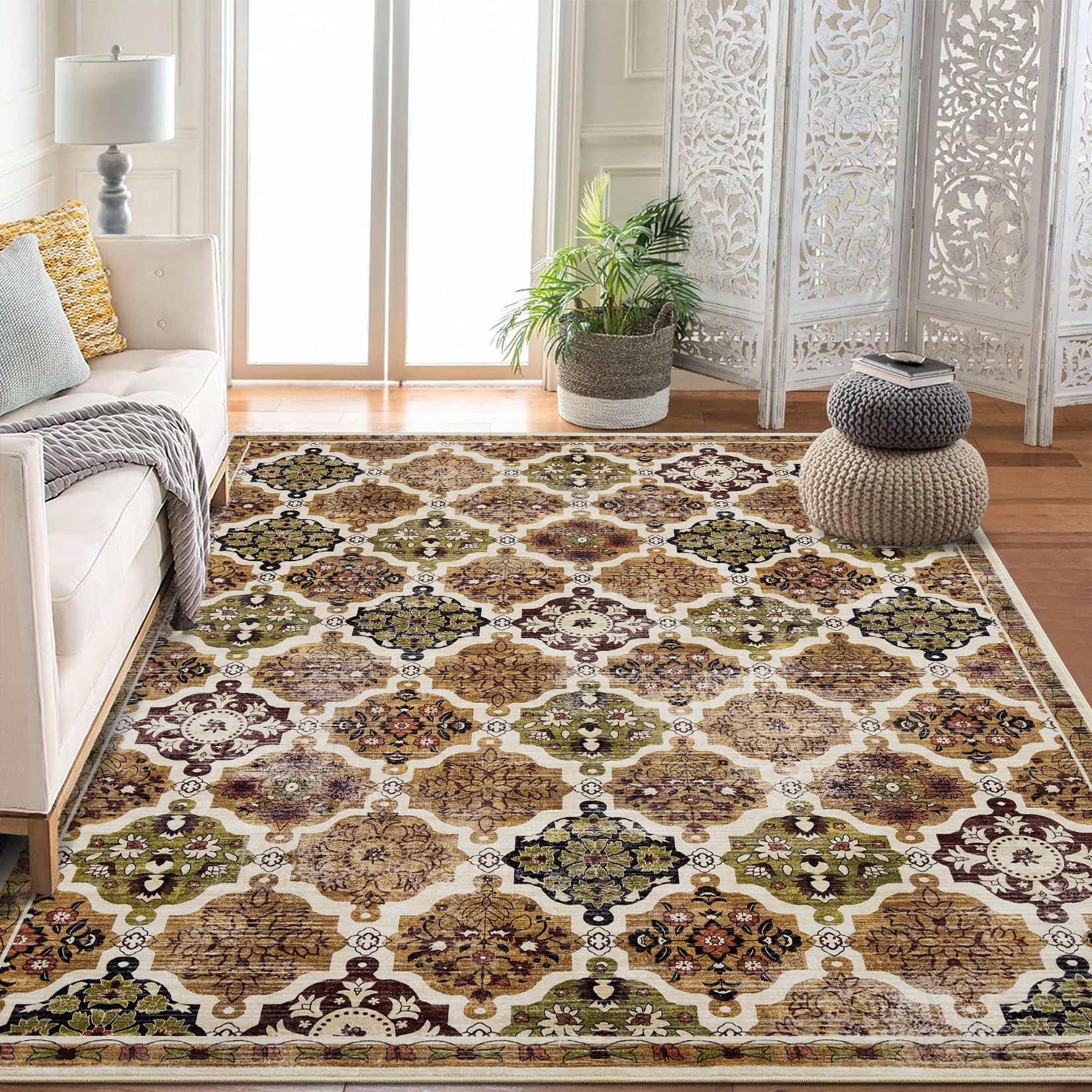 Garvee Boho Floral Checkerboard Washable Area Rug Non-Slip Accent Carpet for Bedroom Living Room Kitchen Office Brown 10x13Ft
