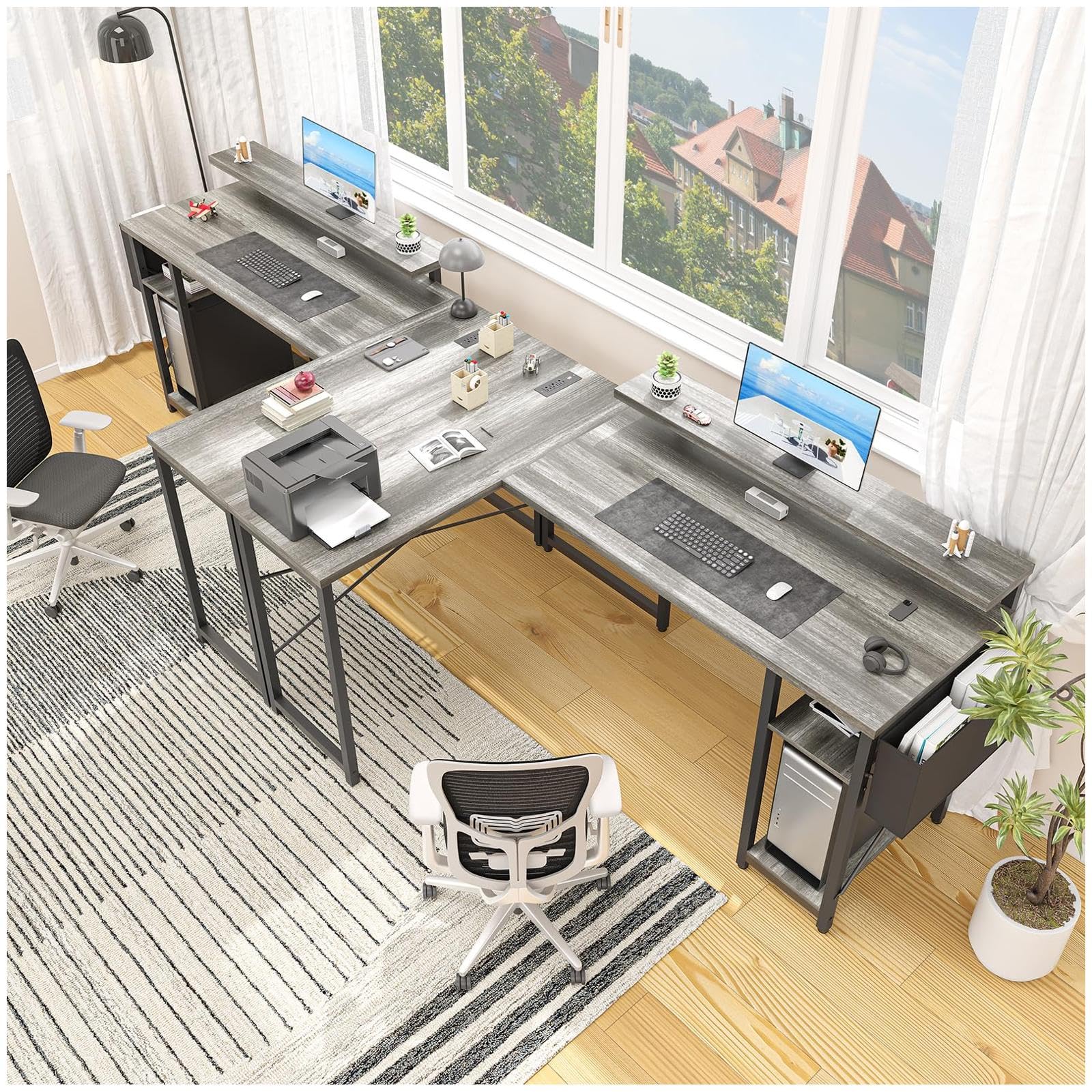 Garvee L Shaped Computer Gaming Desk with Power Outlet & LED Light, 54 Inch, Reversible Modern Corner Desk, Oak, Home Office-Gray Oak