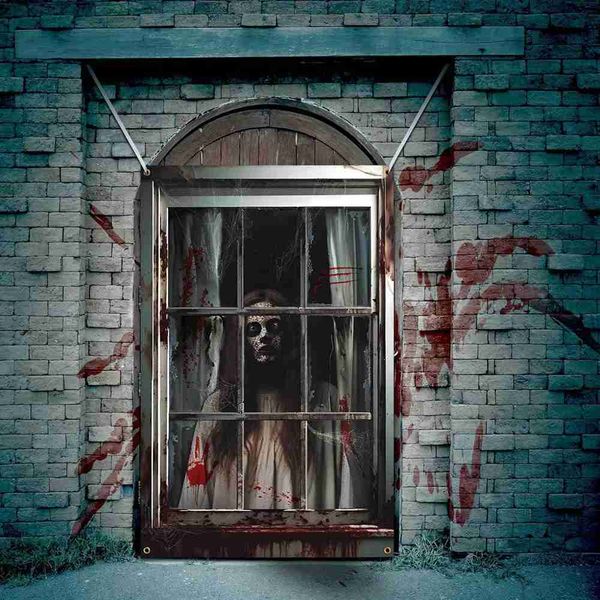 Halloween Scary Banner Ghost Curtain Window Cover Home Decor Horror Silhouette Blood Ghost Skull Poster Halloween Room PosterCL240725