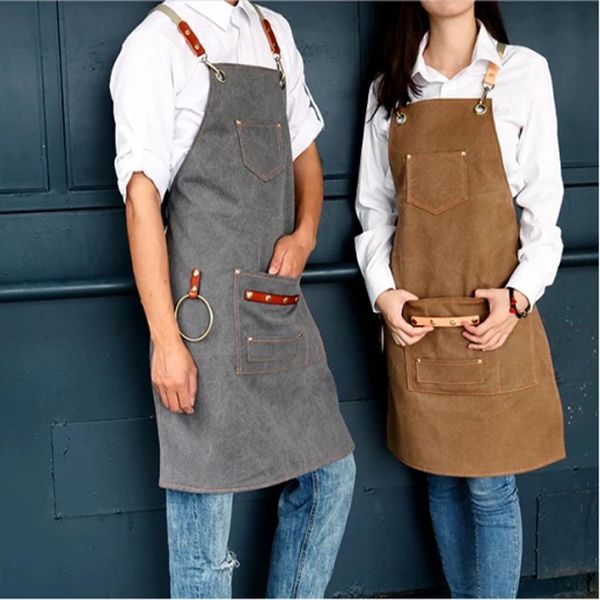 Aprons Women Men Canvas Bib Leather Chef Kitchen Barista Bartender Pockets Home Barber Coffee Restaurant Garden Pinafore 220919