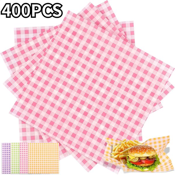 400Pcs Greaseproof Paper Liners Waterproof Sand Paper Wraps Plaid Food Wrapping Paper 4 Colors Paper Basket Liner Paper 240729