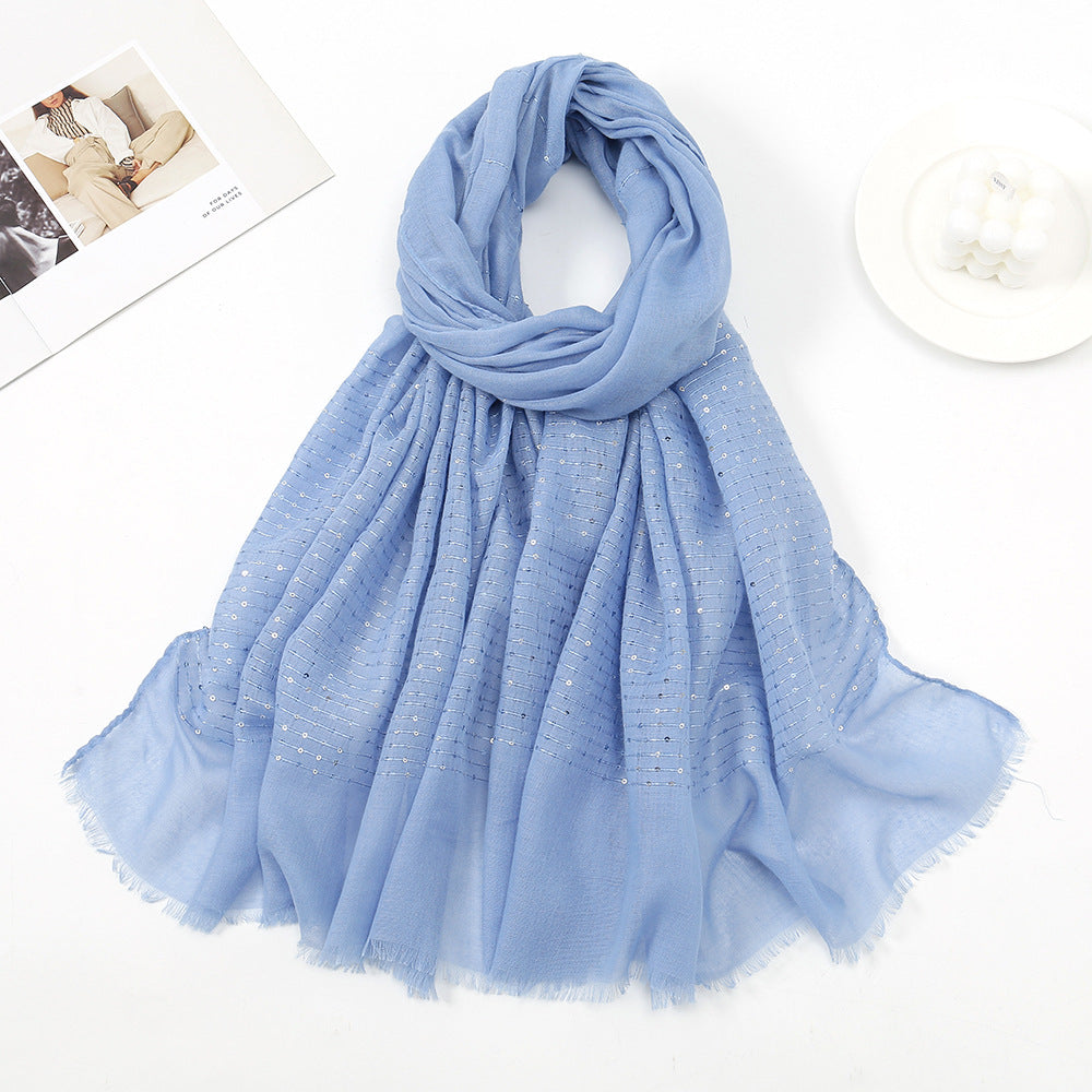 K1256 New autumn and winter candy-colored sequined fur-edged scarf cotton and linen feel fresh and fashionable all-match monochrome shawl scarf