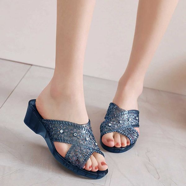 Sandals Plastic Jelly Rhinestone Slippers Medium Heel Flat Thick Sole Casual Shoes Fashion Round Toe Spring Summer Slipper For Women