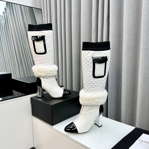 2025--Top quality Knee Fashion Boots Shaped Toes chunky heels Side Zip Pocket Boots Women&#039;s Luxury Designer Leather Sole Factory Shoes