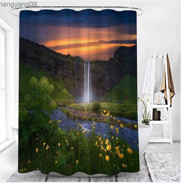 Shower Curtains Waterfall Shower Curtains Green Meadow Nice Forest Landscape Bathroom Decor Waterproof Cloth Curtain R230821
