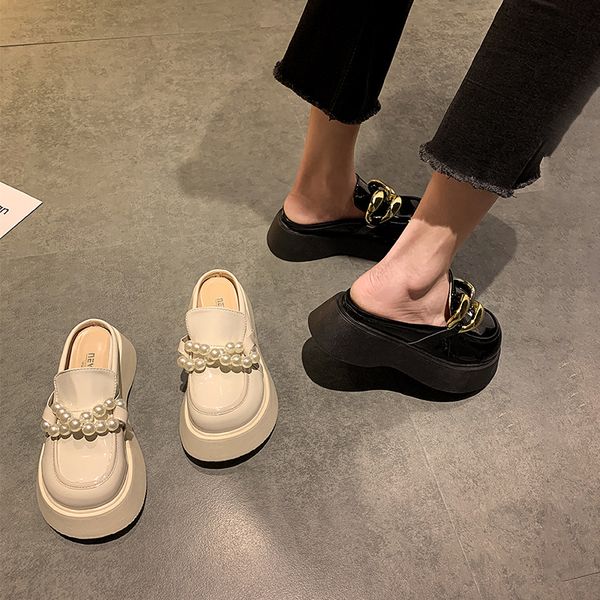 Mule 2022 Platform For Women New Slippers Chunky Golden Chains Leather Pearl Loafer Thick Bottom Ladies Sandals f291