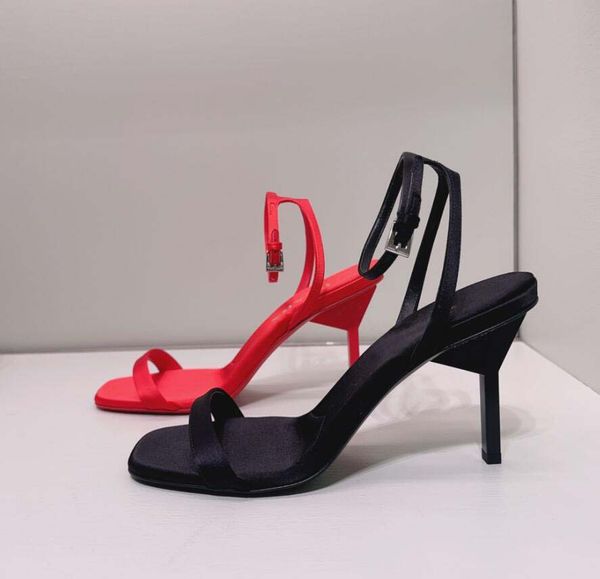 2024 SS Woman sandal 85mm Geometric-heel red satin heeled sandal high-heeled Sandali Ankle Strap pumps wedding party dress shoes 35-42Box lu