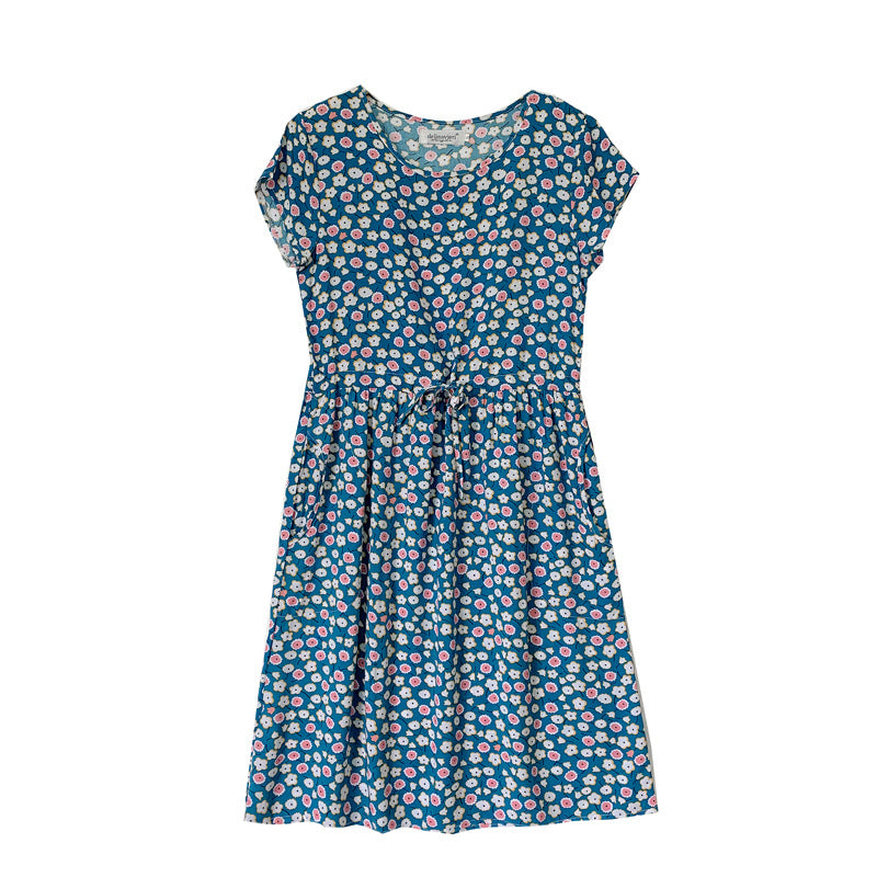 303 Summer mid-length outerwear cotton silk dress artificial cotton skirt waist women&#039;s slim short-sleeved floral new style