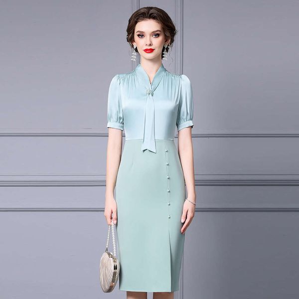 Smart Gentle and Mature Womens Style Hip Hugging Skirt Handmade Beaded Ribbon Collar High Waisted Patchwork Dress 2024 Summer BOHO DRESS