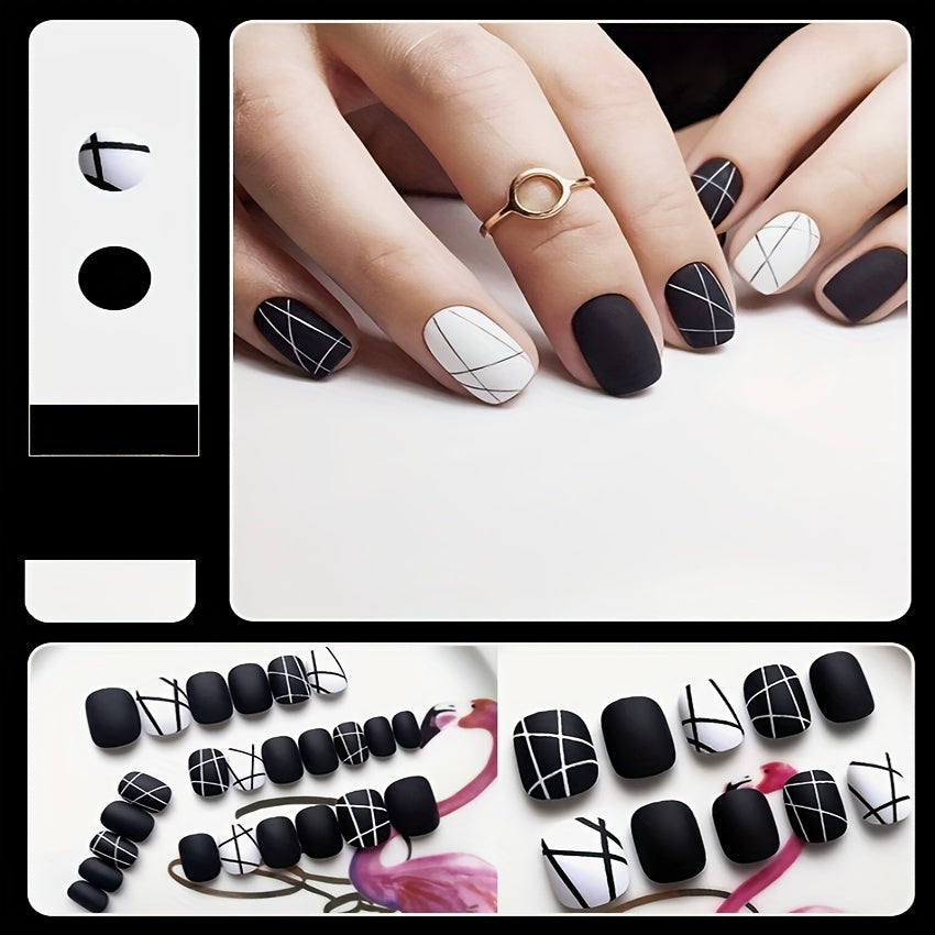 TEMU 24pcs Matte Black & White French Tip Press-on Nails Kit - Short Square, Striped Design With Jelly Adhesive & Nail File Included -