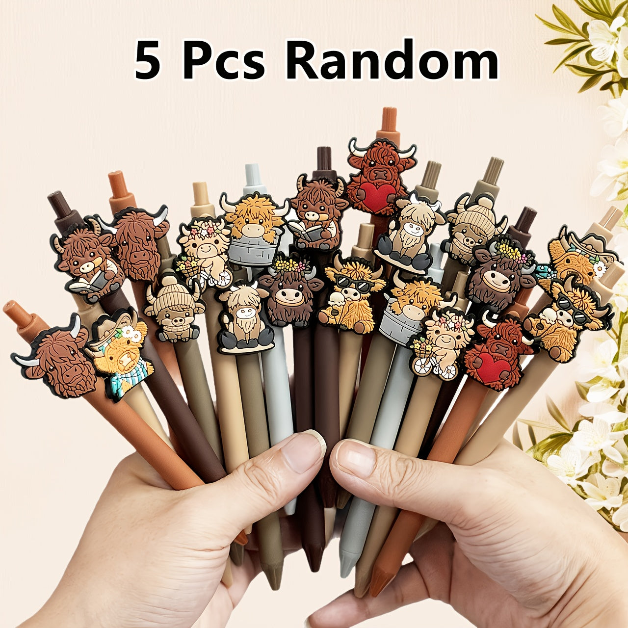 TEMU 5-10-20pcs Cute Highland Cow Printed Pens Black Ink Retractable Highland Cow Pen Set Cartoon Highland Cow Gift Set School Home Office Stationery