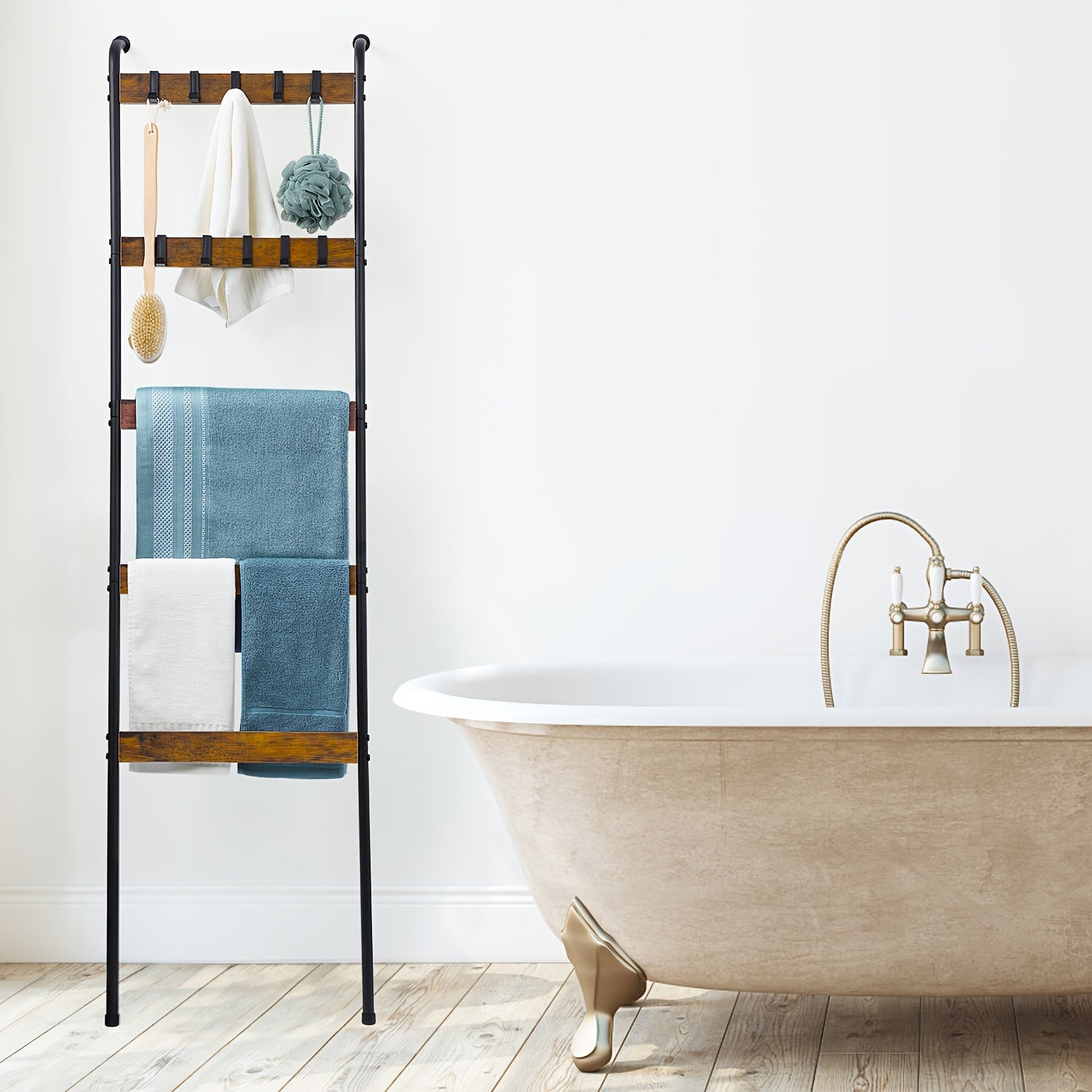 TEMU 5-tier Wooden & Metal Ladder Rack With Hooks – Rustic Towel And Blanket Storage For Bathroom, Bedroom, Or Living Room, Brown, Decorative