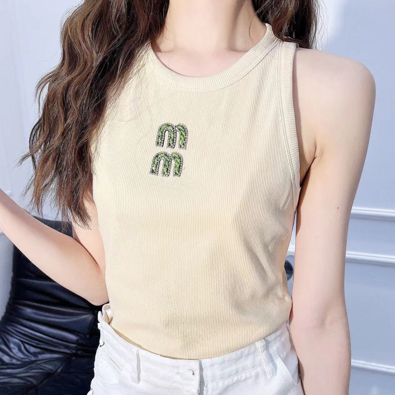 Women&#039;s Tanks Camis miu Alphabet crystal MM diamond knit camisole women&#039;s sleeveless top