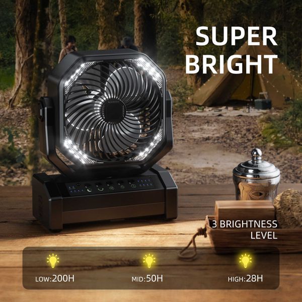 D12 20000mAh Electric Fans Camping LED Rechargeable Battery Powered Outdoor Tent Fan with Light