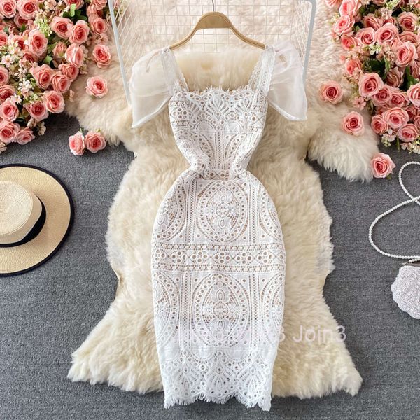 Square neck bubble sleeve high waist slim medium length gentleness high end lace dress