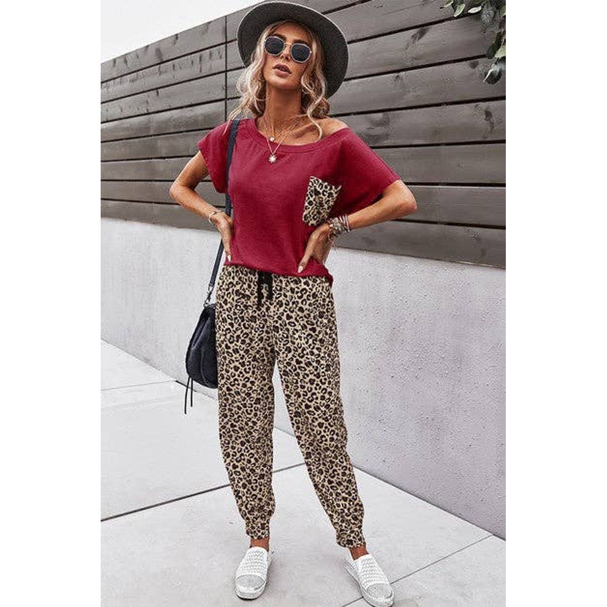 Women's Solid Leopard Top and Pants Set - WINE - S