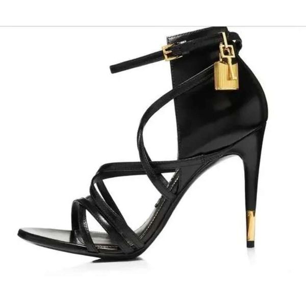 Shipping 2019 Free Ladies paet leather 11CM high heel Dress Shoes Metal Lock key open Toe sandals black white co 4b7