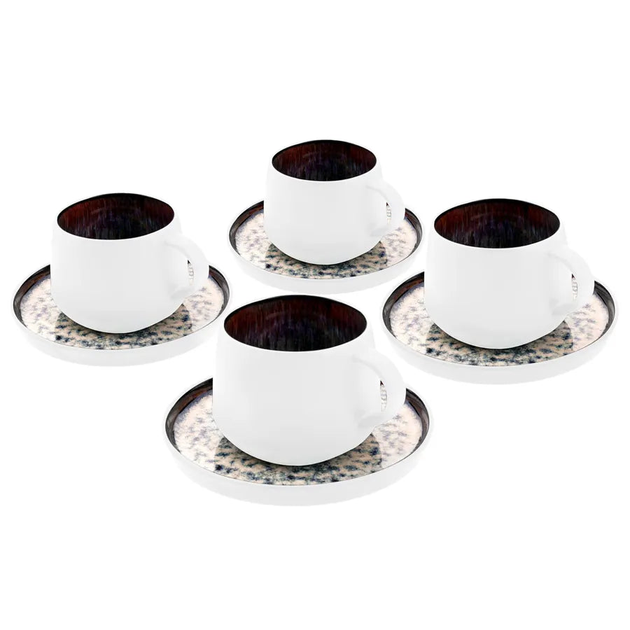 Karaca Galactic 8 Piece Reactive Glaze Tea Cup and Saucer Set for 4 People, 300ml, White Multi