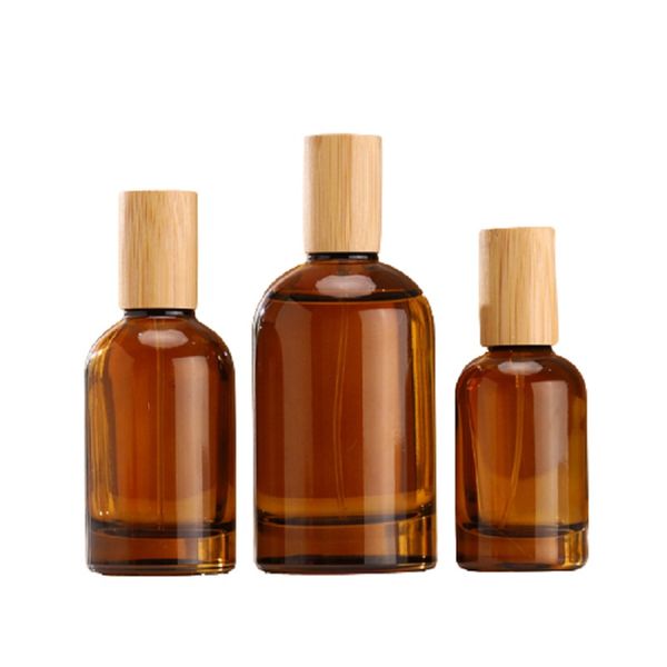 Perfume Atomizer Bottles Crimp Pump Wood Lid 1oz 2oz 3oz Portable Cosmetic Packaging Sample Vials Empty Brown Glass Mist Spray Refillable Bo